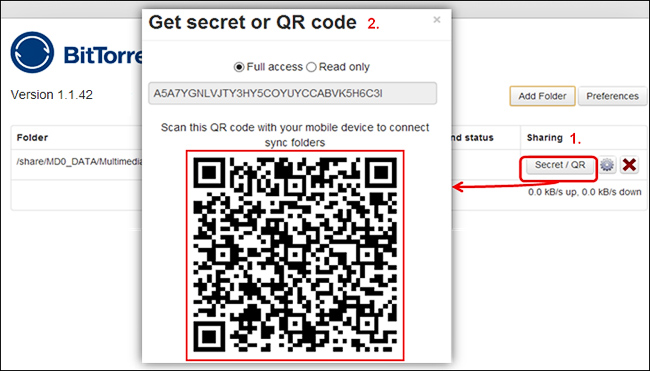 Копирование "секрета" в BT Sync с помощью QR кода (изображение: qnap.com)