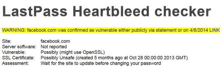 Проверка наличия уязвимости Heartlbeed на сайте Facebook (скриншот сайта lastpass.com).