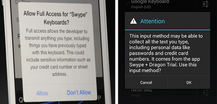 В iOS 8 и Android даже предупреждение об использовании сторонних клавиатур выглядит похоже (фото: Megan Geuss / Ron Amadeo).