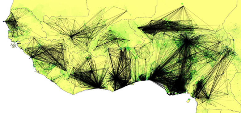 Карта перемещений абонентов Orange Telecom за год помогает прогнозировать новые очаги лихорадки Эбола (изображение: technologyreview.com). 
