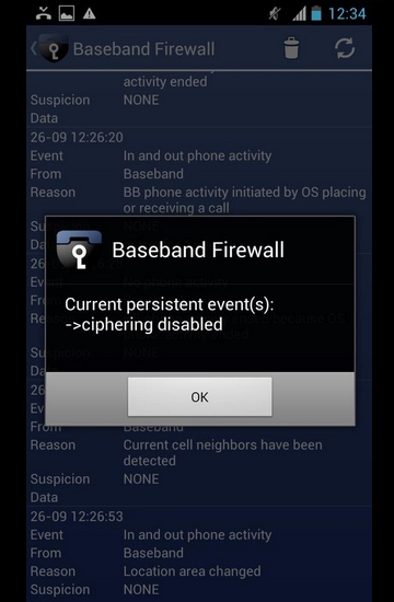 Межсетевой экран GSMK предупреждает об отключении шифрования на базовой станции (скриншот: esdcryptophone.com).