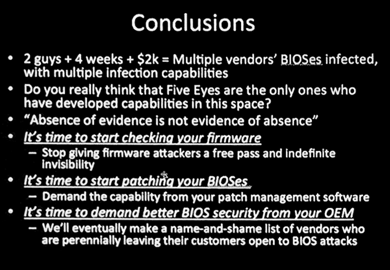 За четыре недели два парня нашли множество малых уязвимостей в прошивках BIOS разных производителей и одну фундаментальную дыру в реализации SMM (слайд презентации).