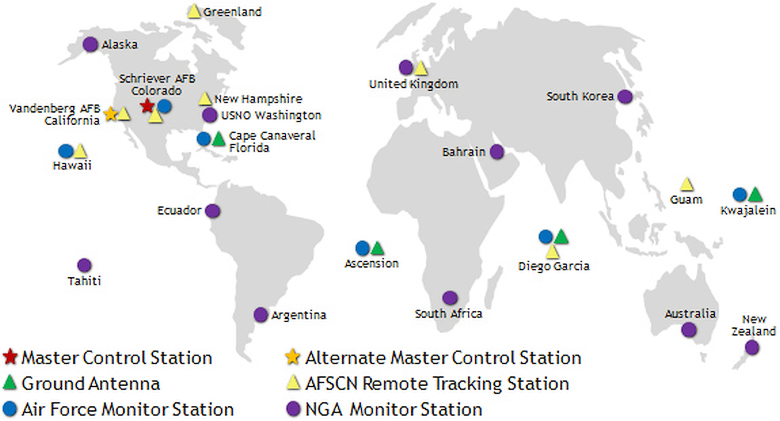 Размещение станций GPS в мире (изображение: security-bridge.com).