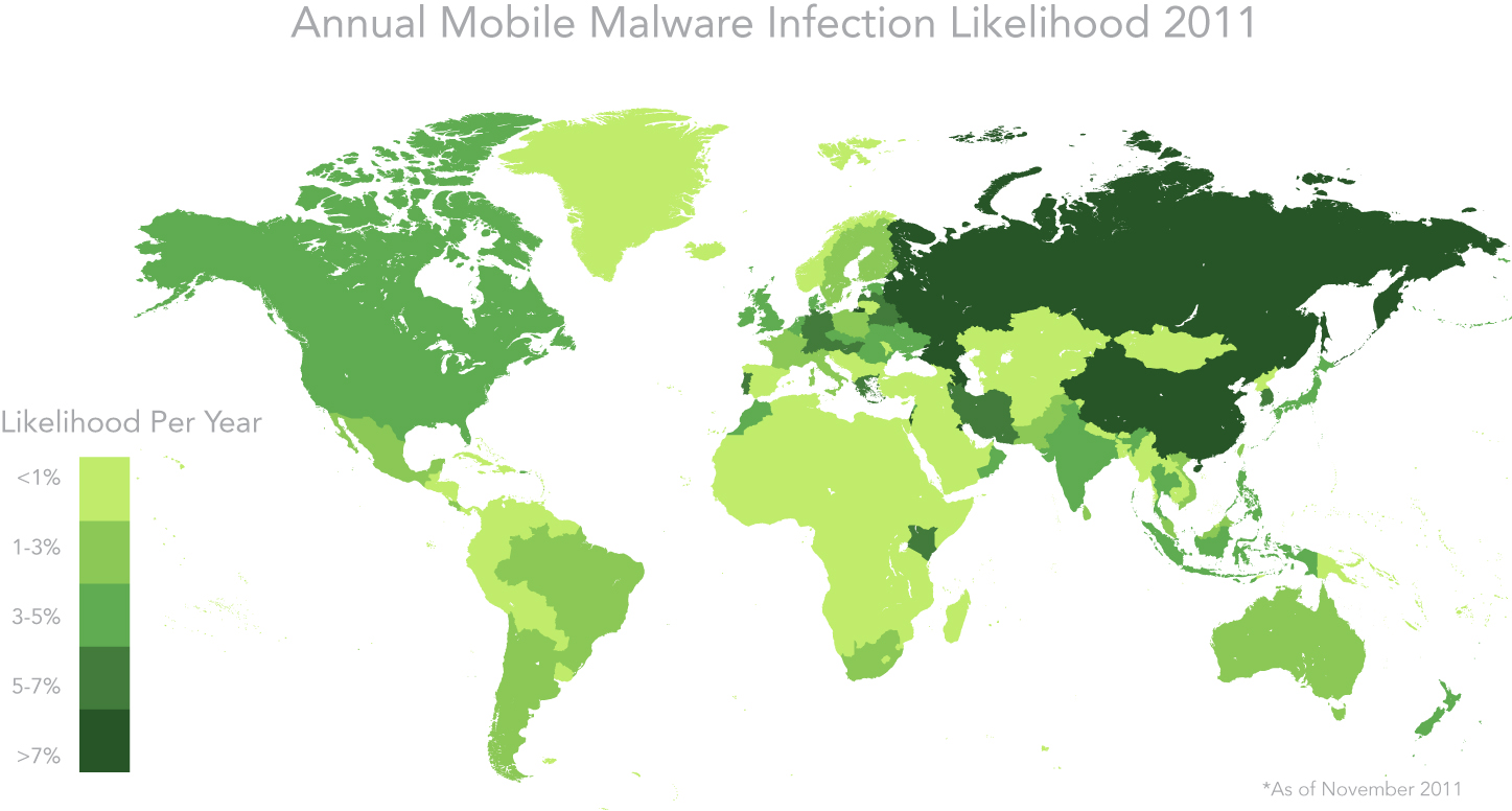 С точки зрения некоторых security-экспертов (Lookout), Россия, Китай и Соединённые Штаты возглавляют чёрный список особо опасных зон: вероятность нарваться на мобильную инфекцию здесь выше всего.