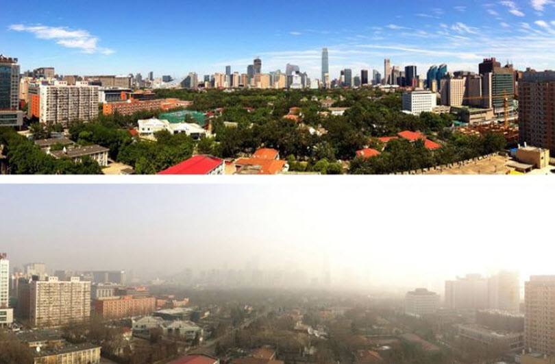 Небо в Пекине во время и после парада