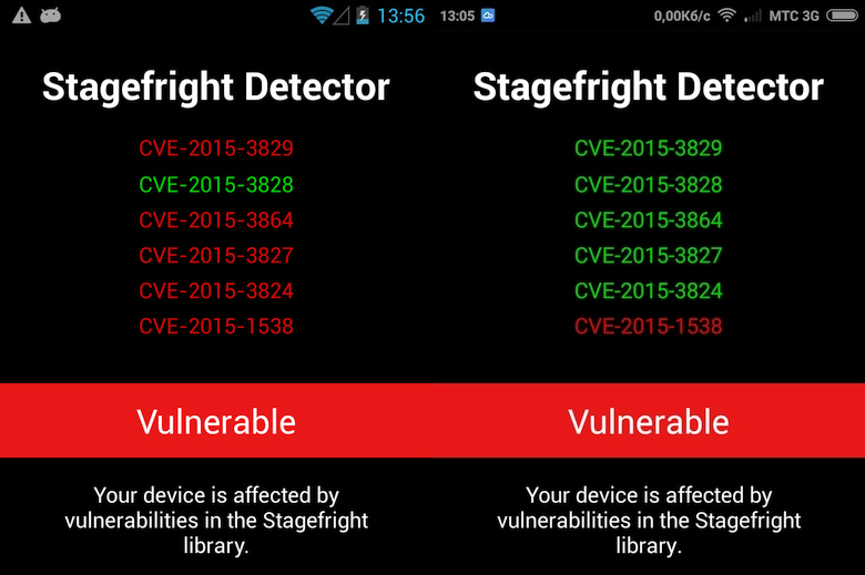 Результаты сканирования в Stagefright detector на Android 4.2.1 (слева) и 4.4.4 (справа).
