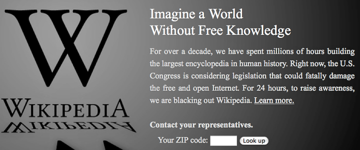 Wikipedia против SOPA: "Представьте мир без свободных знаний".
