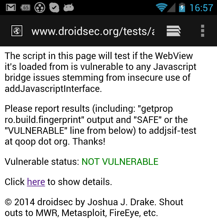 Проверка наличия уязвимости во встроенном браузере ОС Android на сайте droidsec.org (скриншот)