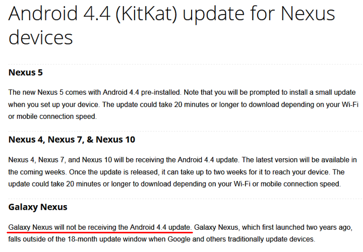 Galaxy Nexus не получит последнее обновление по чисто формальной причине (скриншот сайта support.google.com)