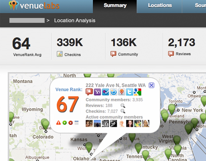 VenueLabs - отображение на карте отзывов в соцсетях о магазине спортивной одежды REI (изображение: techcrunch.com).