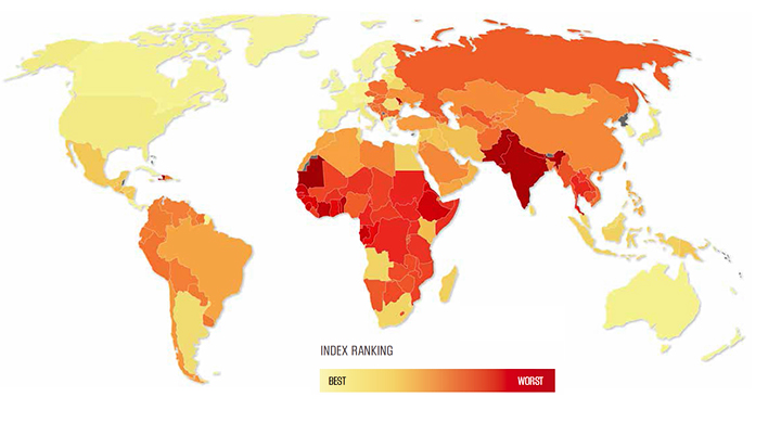 Распространение современных форм рабства в мире (изображение: Global slavery index 2013).