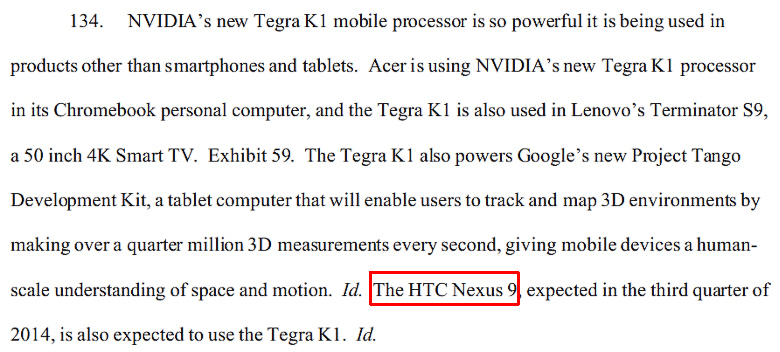 Фрагмент иска Nvidia с упоминанием HTC Nexus 9 (изображение: Rachel King / scribd.com).