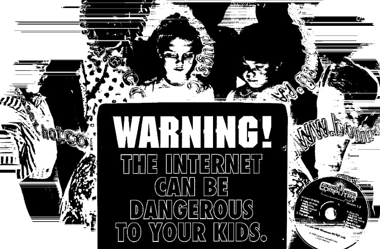 «Интернет опасное место! Вам нужно видеть, что смотрят ваши дети!». Не обращайте внимания на ужасное качество картинки, это сканированный образчик типичного рекламного листка, раздаваемого разработчиками ComputerCOP сотрудникам полиции.  