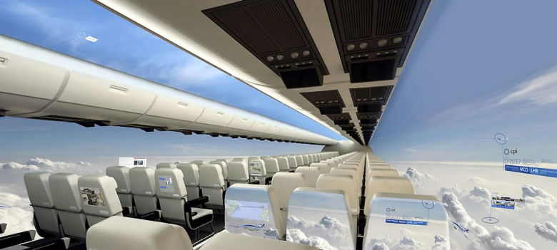 Концепт пассажирского самолёта с панорамными дисплеями вместо иллюминаторов (изображение: uk-cpi.com).