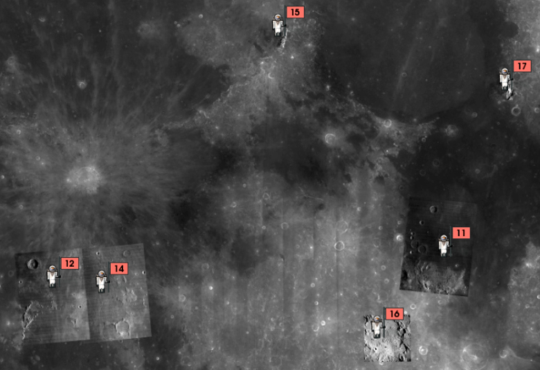 Регионы посадки КК серии "Аполлон" (изображение:  NASA / USGS / LPI / ASU).