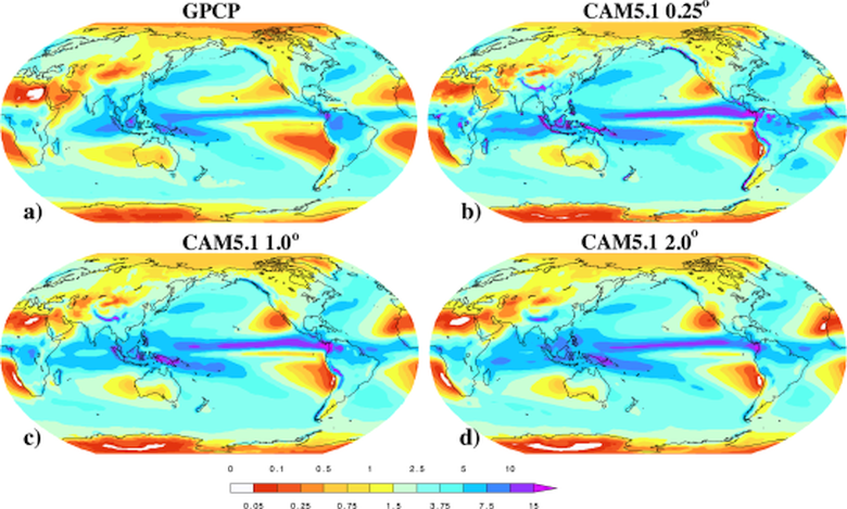 Наблюдаемые среднегодовые значения осадков (слева вверху) и их предсказание по трём климатическим моделям (изображение: Michael F. Wehner et al.).