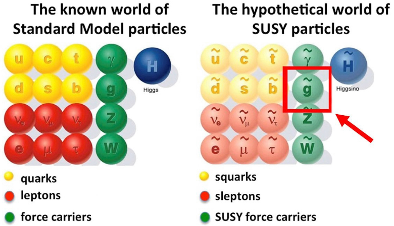 Частицы в Стандартной модели (слева) и её суперсимметричном расширении (справа). Стрелкой показано глюино, поисками которого в CERN займутся в первую очередь (фото: cern.ch).