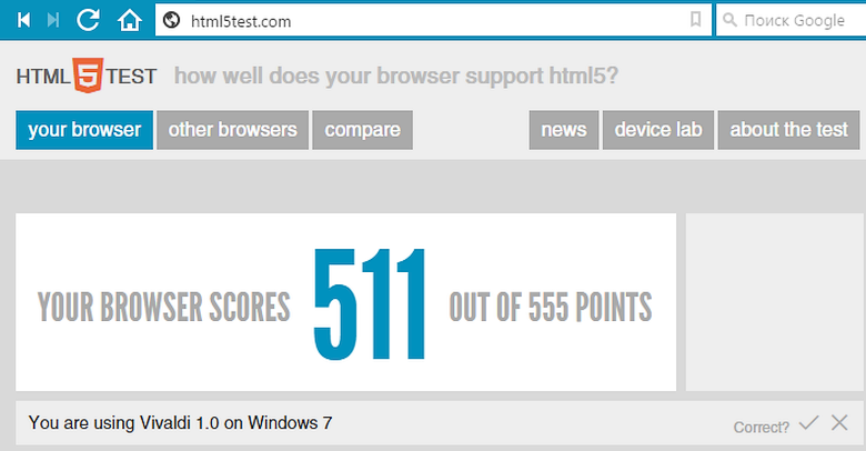 Vivaldi - тест уровня поддержки HTML5.