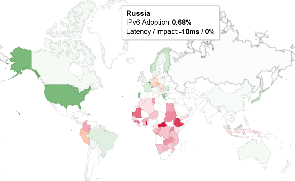 Россия по степени поддержки IPv6 плетётся почти в самом хвосте, опережая только страны Африки. Графика: Google.
