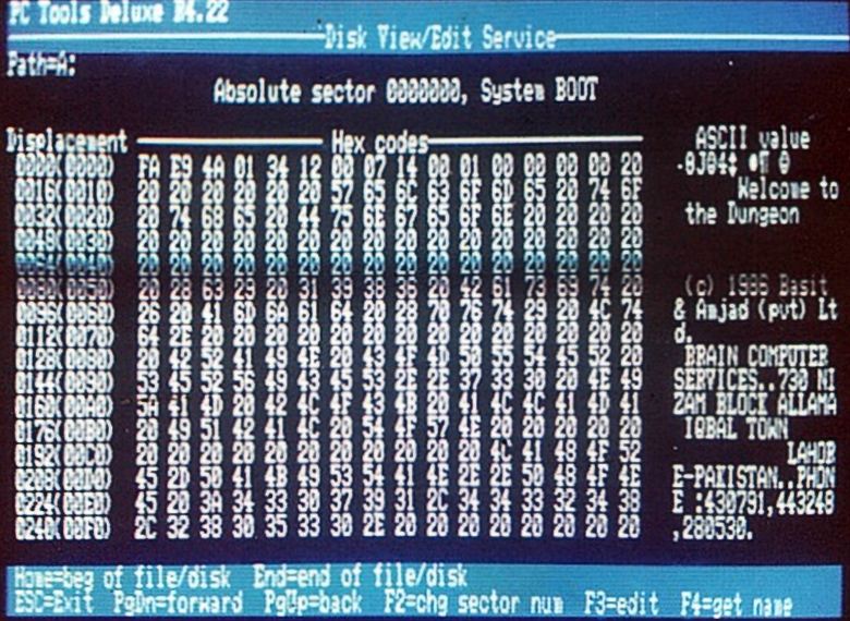 Анализ первого загрузочного стелс-вируса Brain в PC Tools, 1986 г.