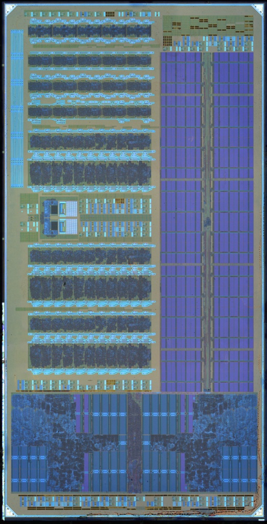 Тот же чип. Внизу два RISC-ядра, выше справа поле памяти, слева — два блока оптических элементов.