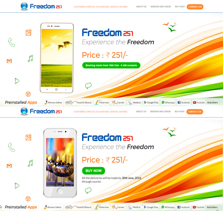 На скриншотах сайта Ringing Bells за 17 и 18 февраля изображения Freedom-251 отличаются.