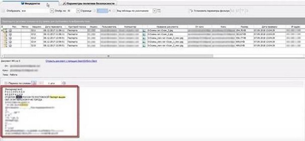 Сработка политики безопасности «СёрчИнформ КИБ» по контролю пересылки паспортных данных