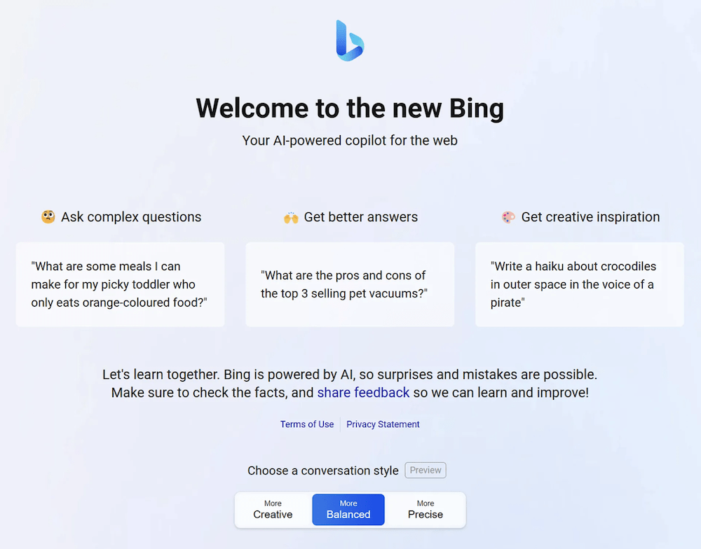 Интерфейс Bing