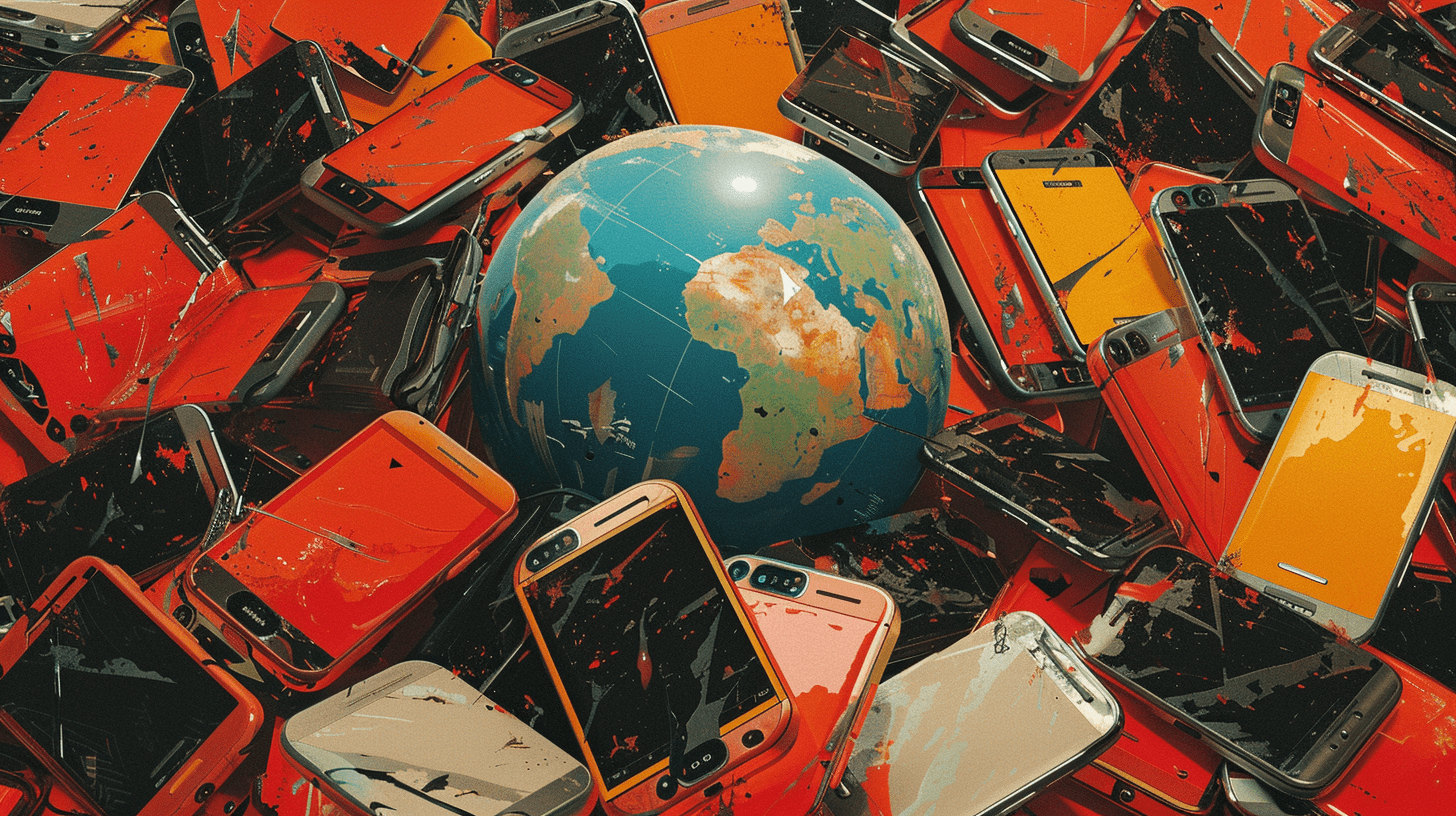глобус, окруженный смартфонами. 