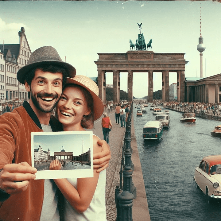 Премия DALL-E 3 за «Любительскую фотографию пары в возрасте 30 лет, посещающей Берлин в 2030 году, на фоне известной достопримечательности» 