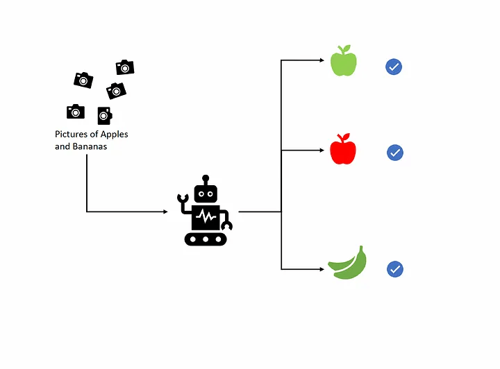 Робот, обученный с помощью картинок сортировать яблоки и бананы в нужную корзину