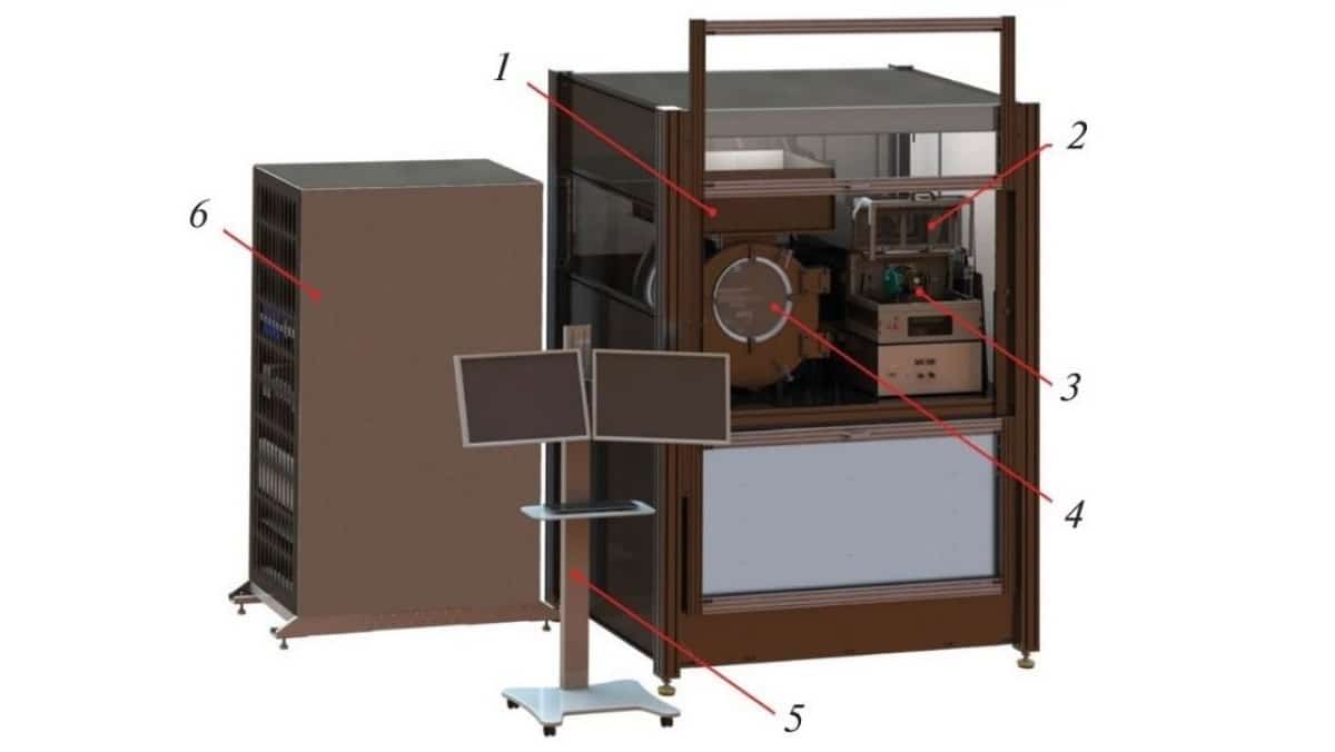 3D-модель сухого аэрозольного принтера: (1) система лазерного спекания, (2) лазерный оптимизатор, (3) газоразрядный генератор наночастиц, (4) камера печати, (5) стенд оператора и (6) управляющий компьютер // Physical and Chemical Processes in Atomic Systems
