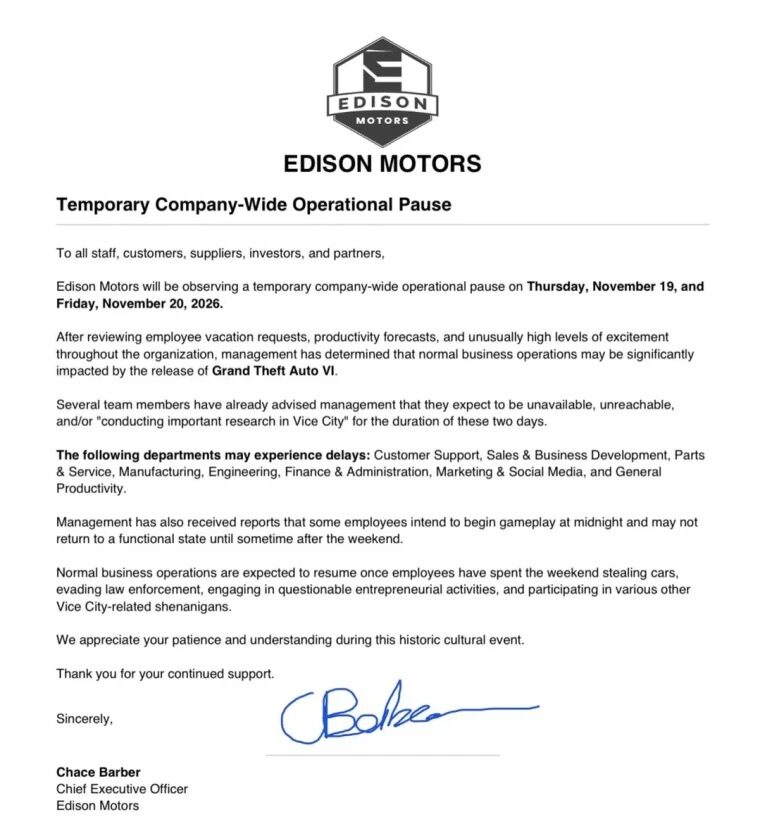 Канадская компания Edison Motors приостановит работу в дни выхода GTA 6