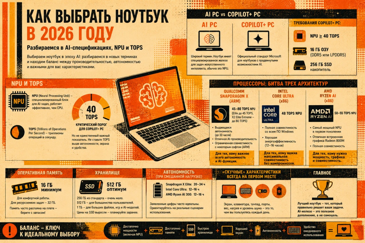 Как выбрать ноутбук в 2026 году: разбираемся в AI-спецификациях, NPU и TOPS