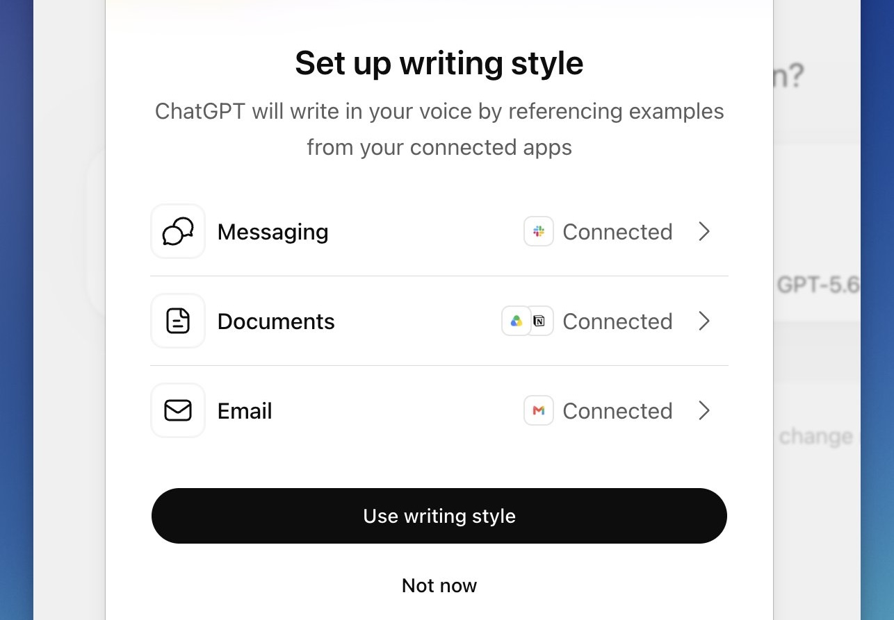 ChatGPT тестирует копирование стиля пользователя по Gmail, Slack, Drive и Notion