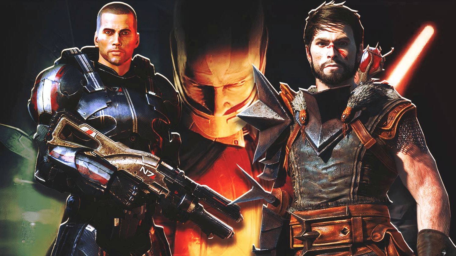 Персонажи игр BioWare: Шепард из Mass Effect, Реван из Star Wars: KOTOR и Хоук из Dragon Age 2