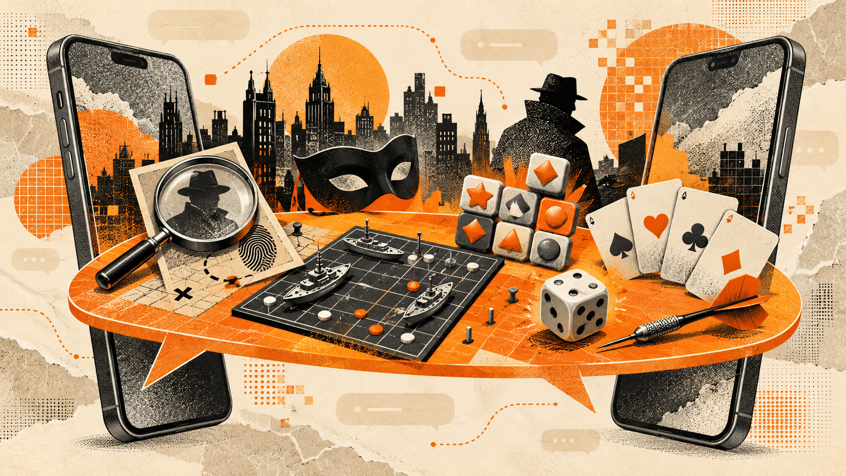 Игры в Telegram и MAX: два смартфона и игровой стол с картами, кубиком, шашками и маской