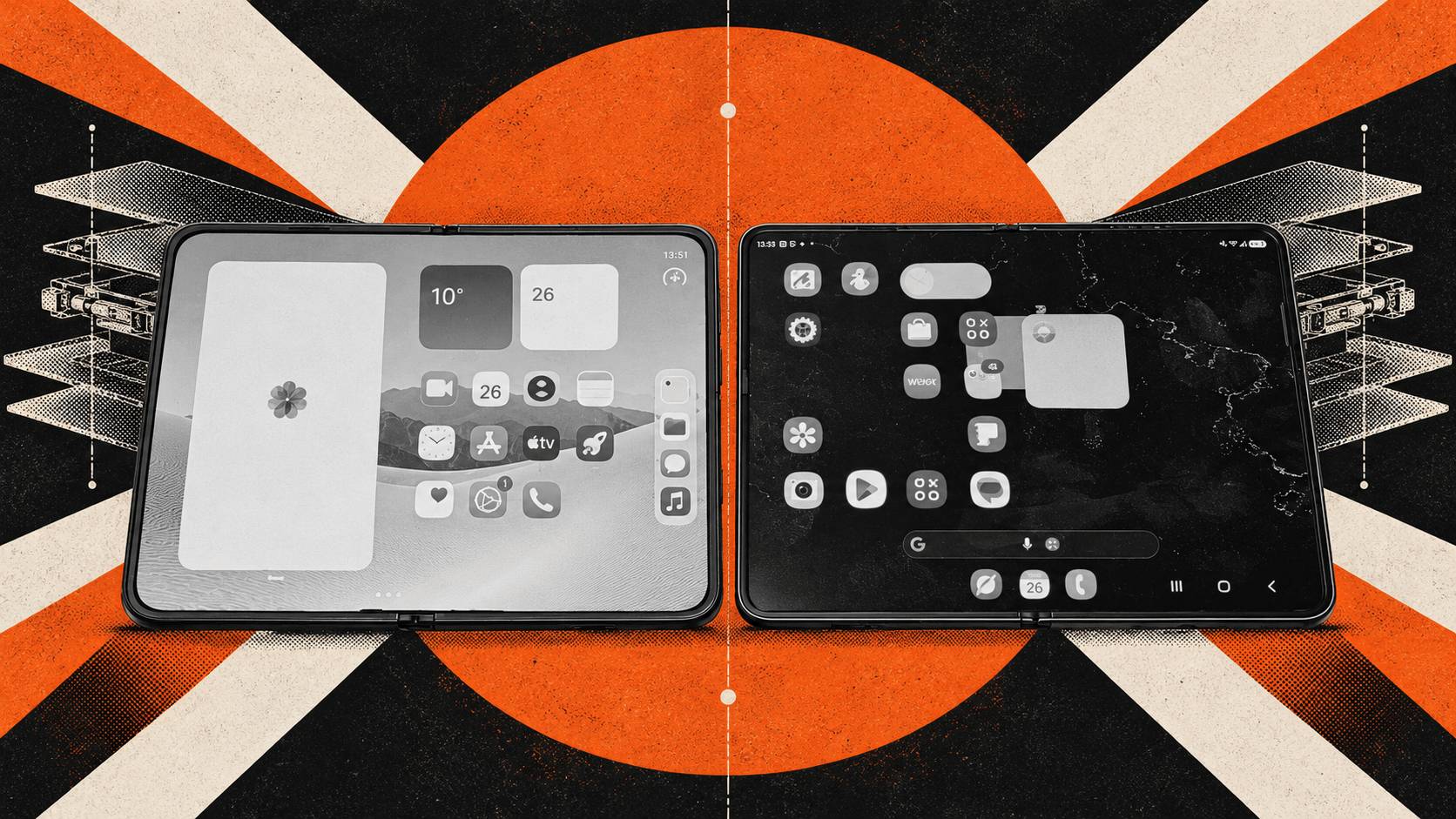 iPhone Duo против Galaxy Z Fold8: два раскрытых смартфона на оранжево-черном фоне