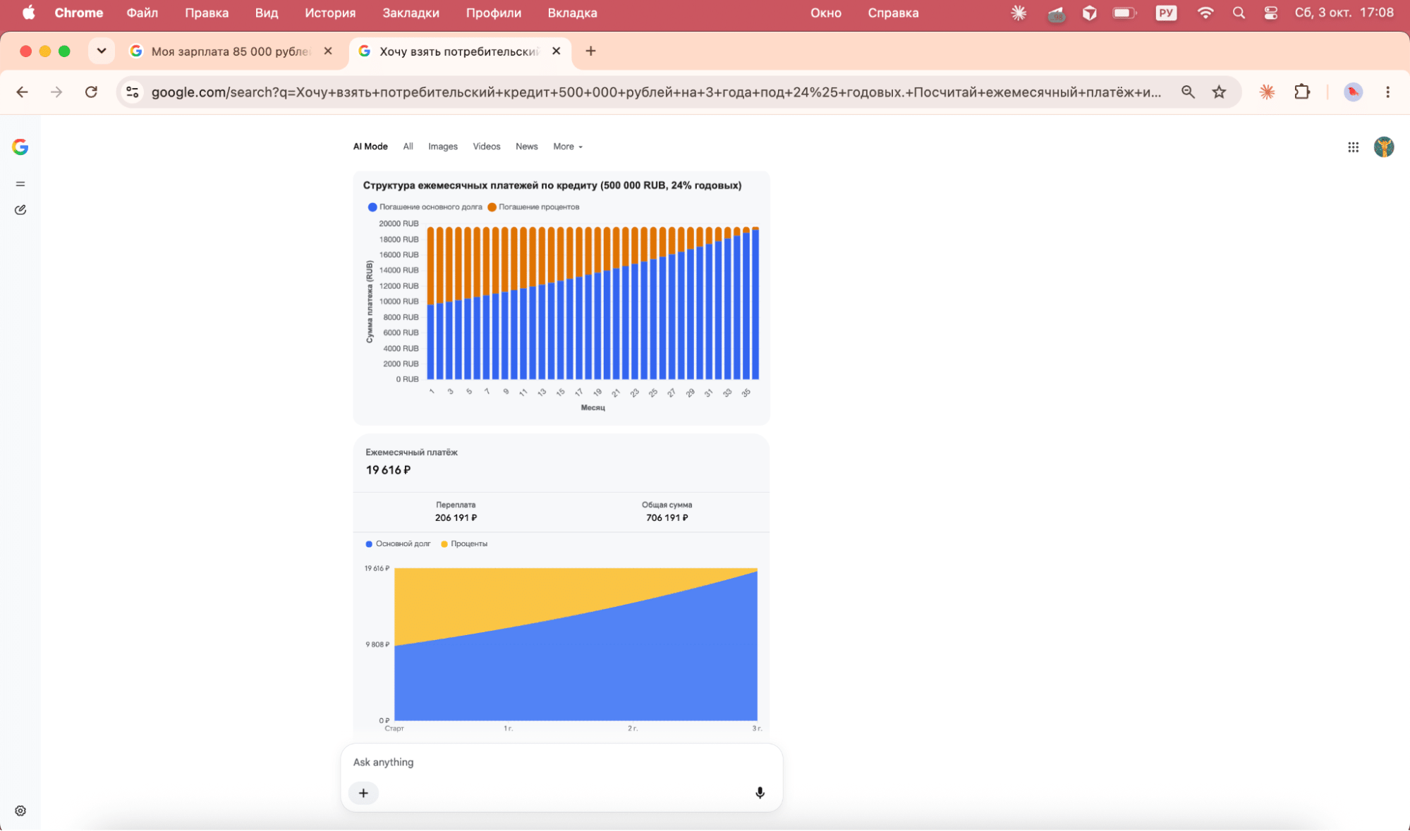 Кредитный калькулятор в ответе Google AI Mode