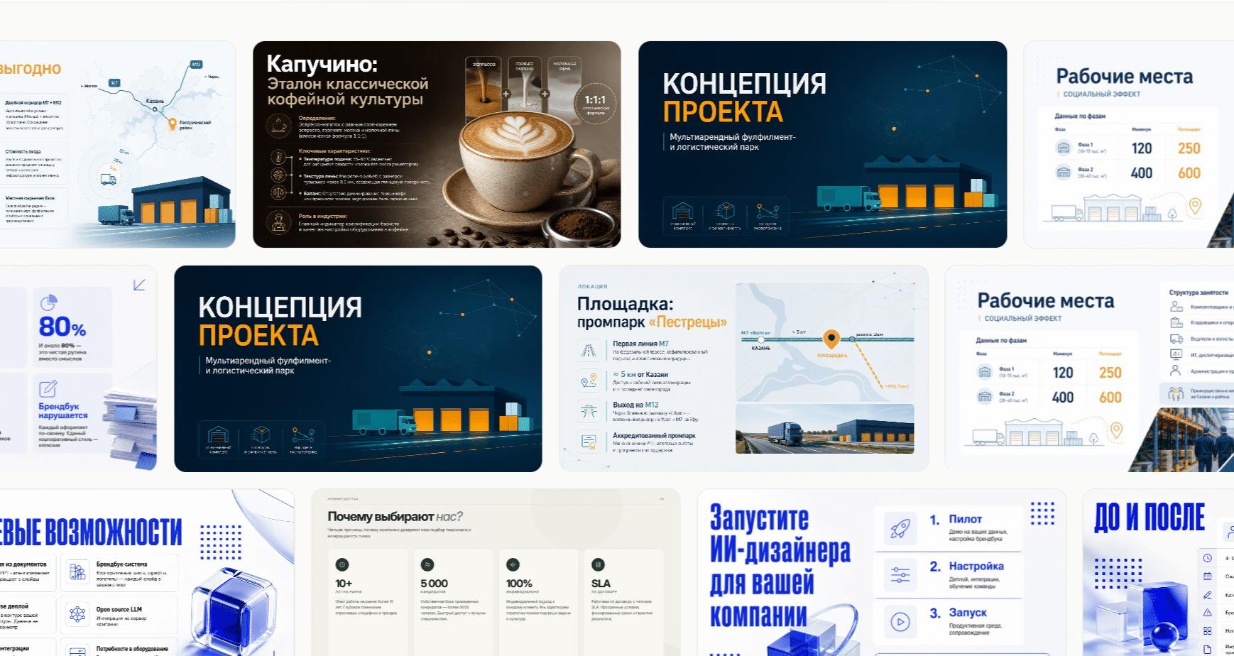 Подборка бизнес-слайдов и проектных концепций Presenti AI