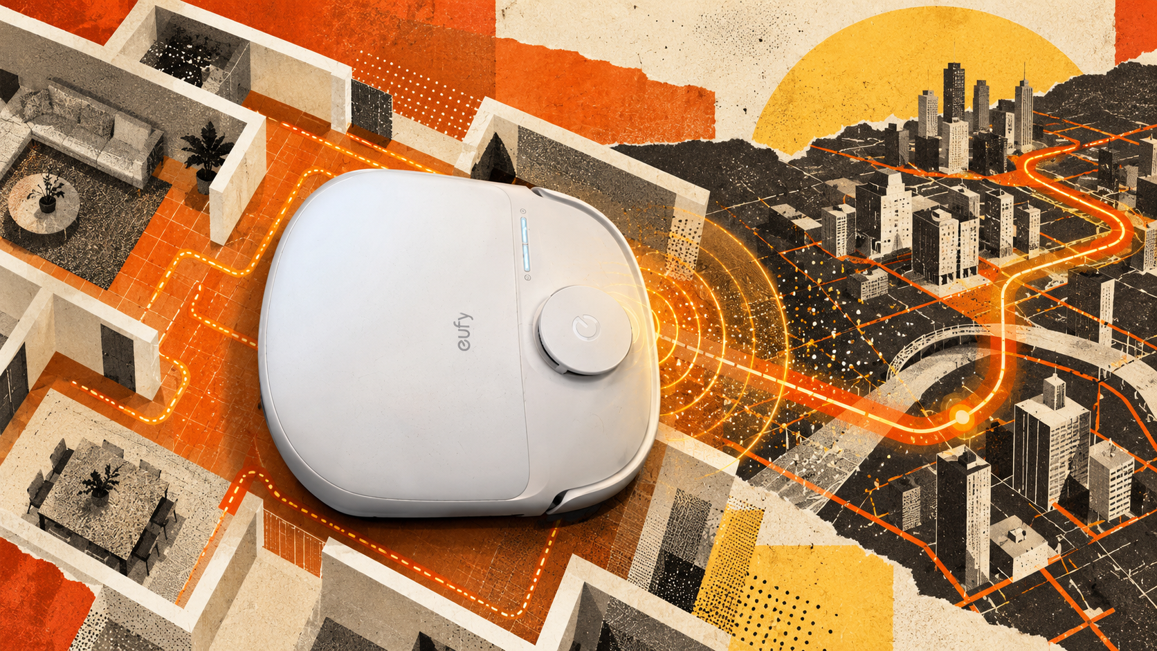 Робот-пылесос Eufy Omni C28 на оранжевом графическом коллаже с городом