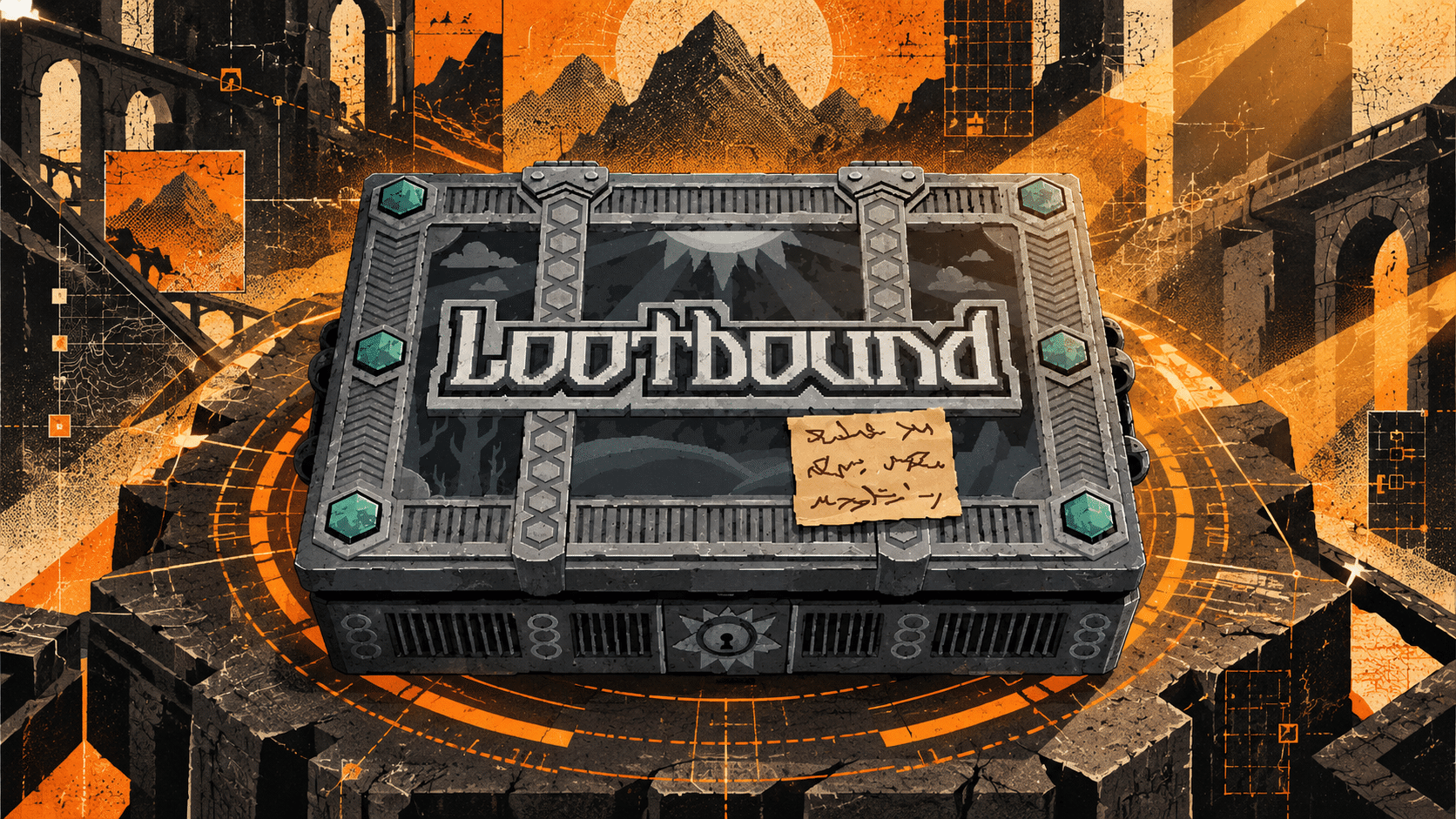 Обложка обзора Lootbound: логотип игры на металлическом табло с оранжевыми конвейерами