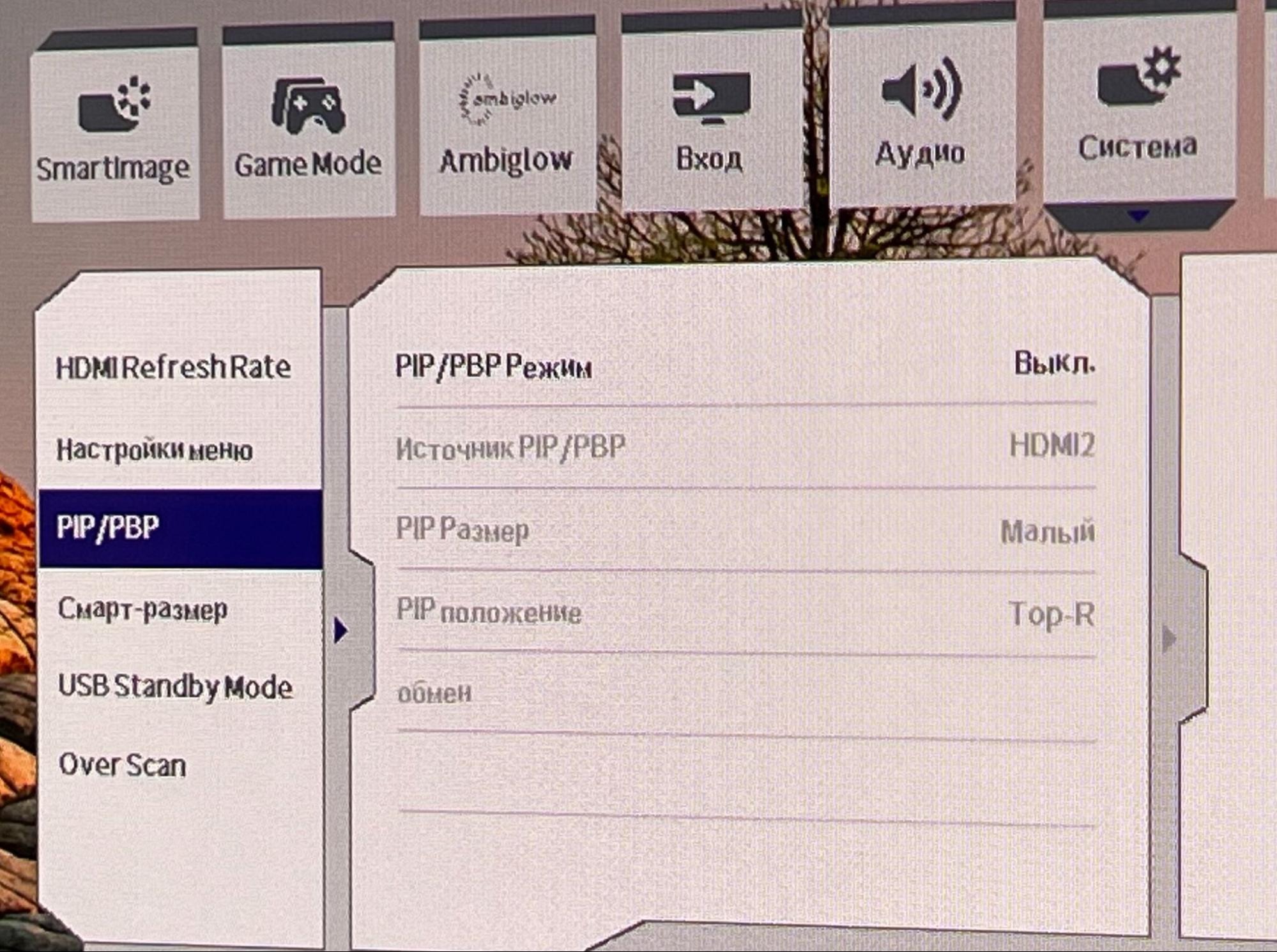 Настройки режима PIP/PBP в меню монитора Philips Evnia 27M2N8800