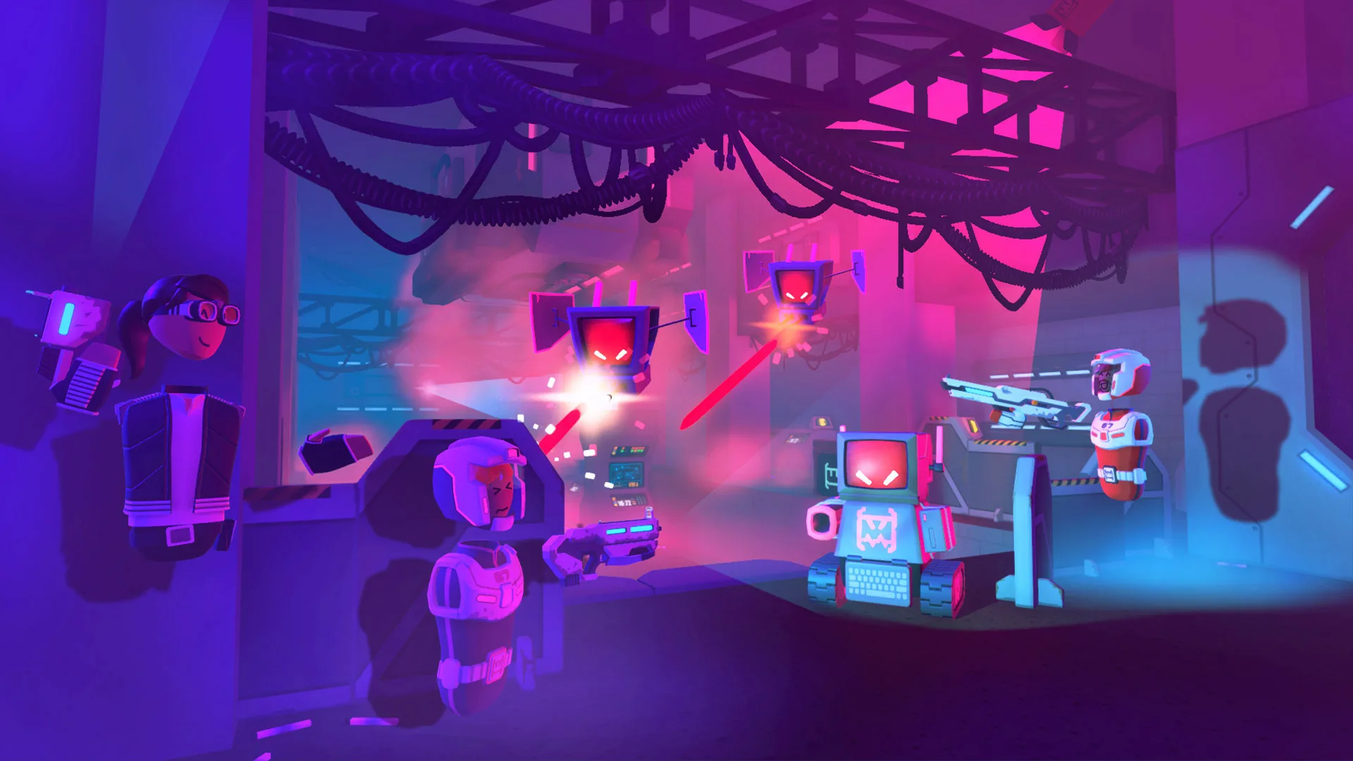 Неоновая комната с роботами и аватарами игроков в Rec Room