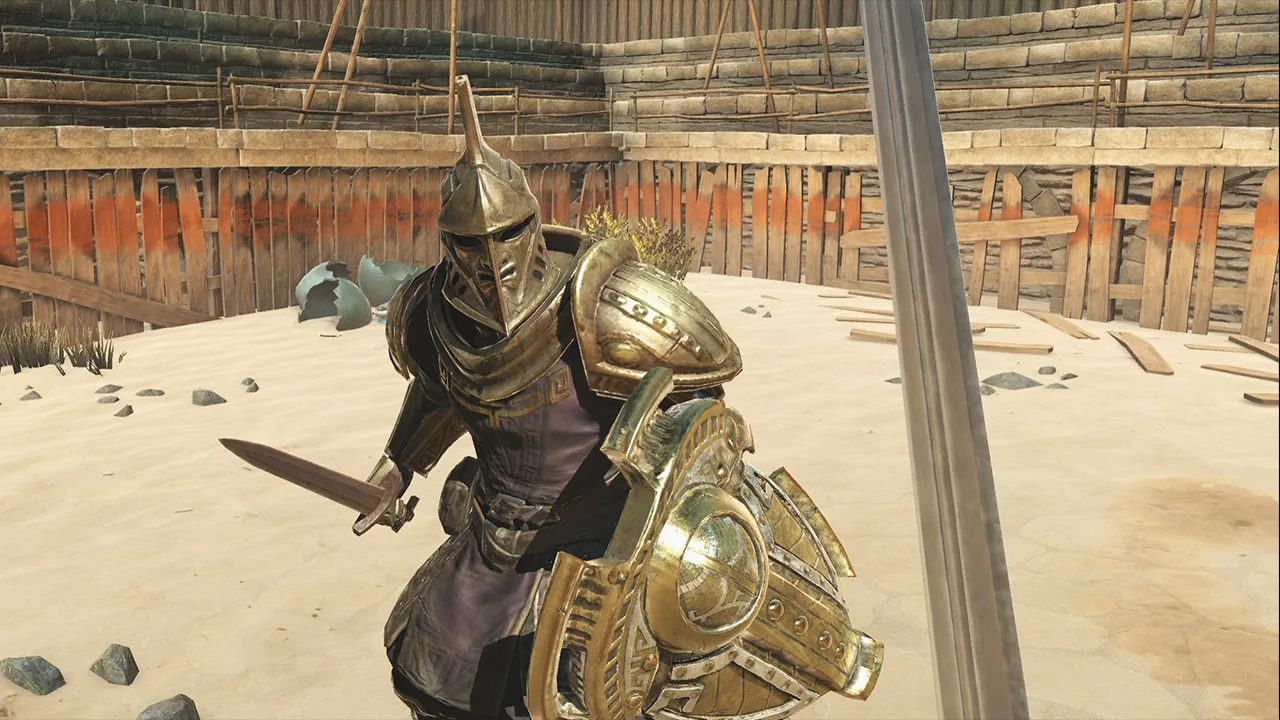 Рыцарь в золотой броне на арене — вид от первого лица в The Elder Scrolls: Blades
