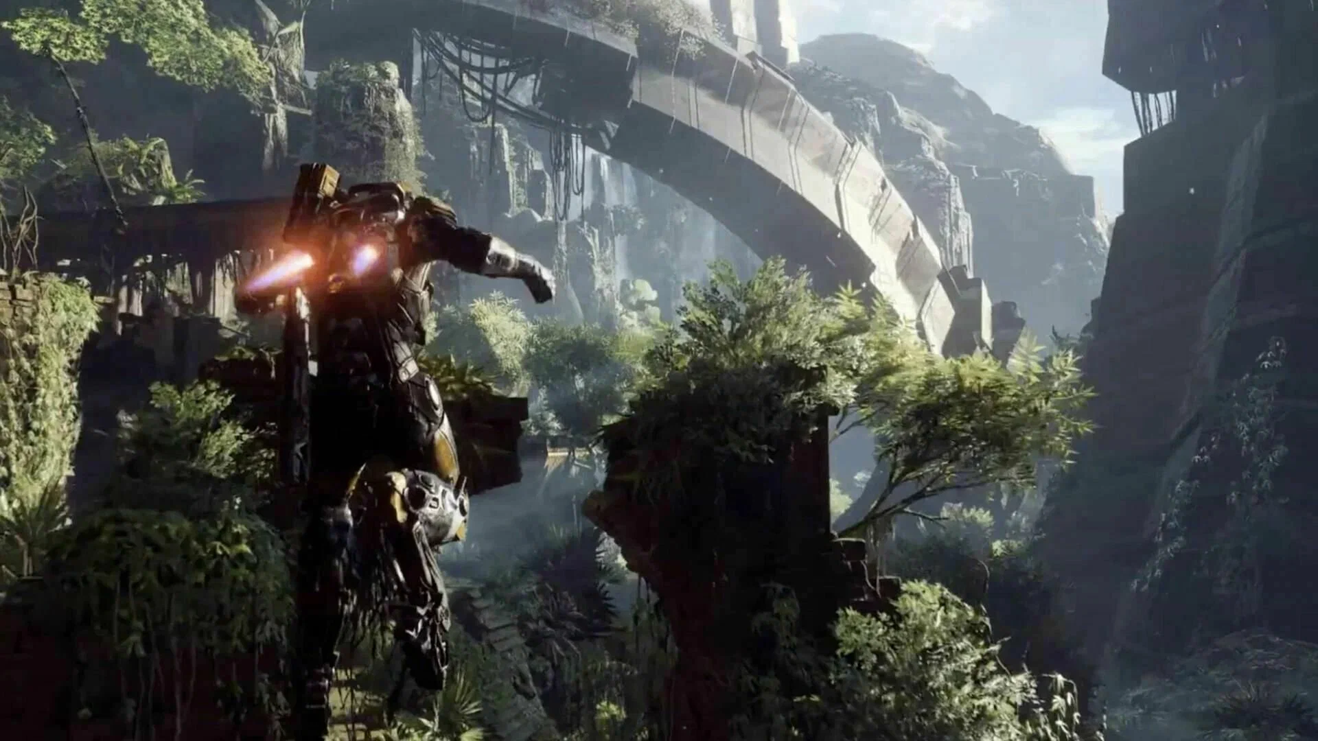 Экзоскелет-джавелин летит над джунглями и руинами в Anthem