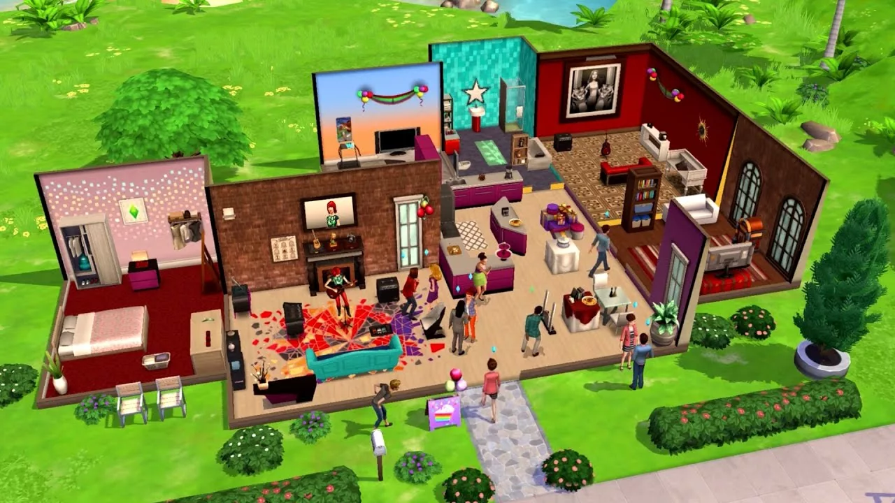 Дом в разрезе с комнатами и симами в The Sims Mobile