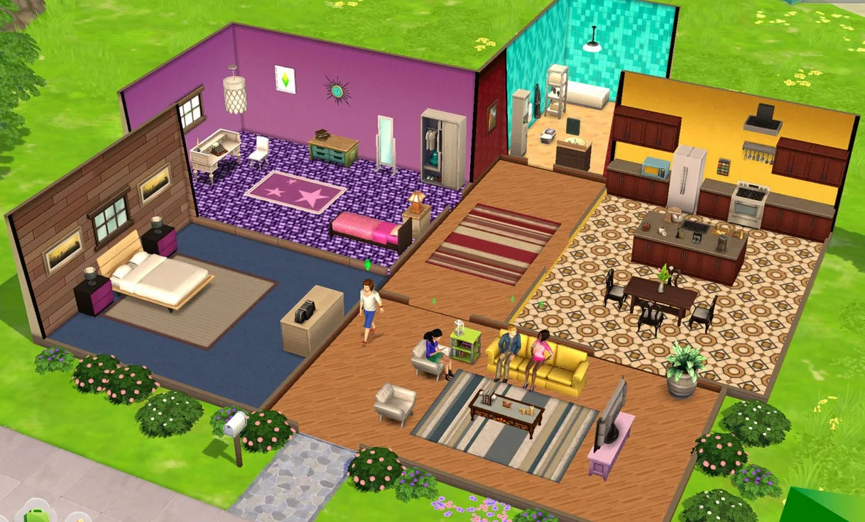 Спальня и гостиная с симами в The Sims Mobile — дом с кладбища игр 2026 года