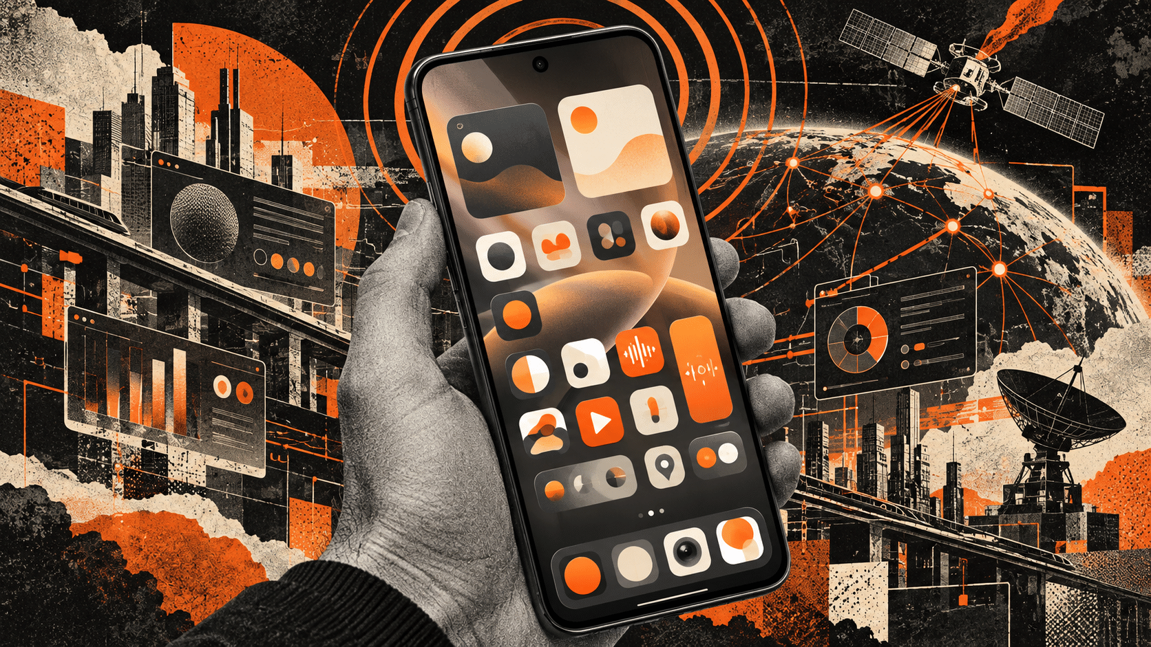 TECNO CAMON 50 Ultra на иллюстрации: смартфон с иконками приложений в руке на фоне города и спутника